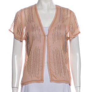 Alice + Olivia: sheer pink silk blouse with beaded accents